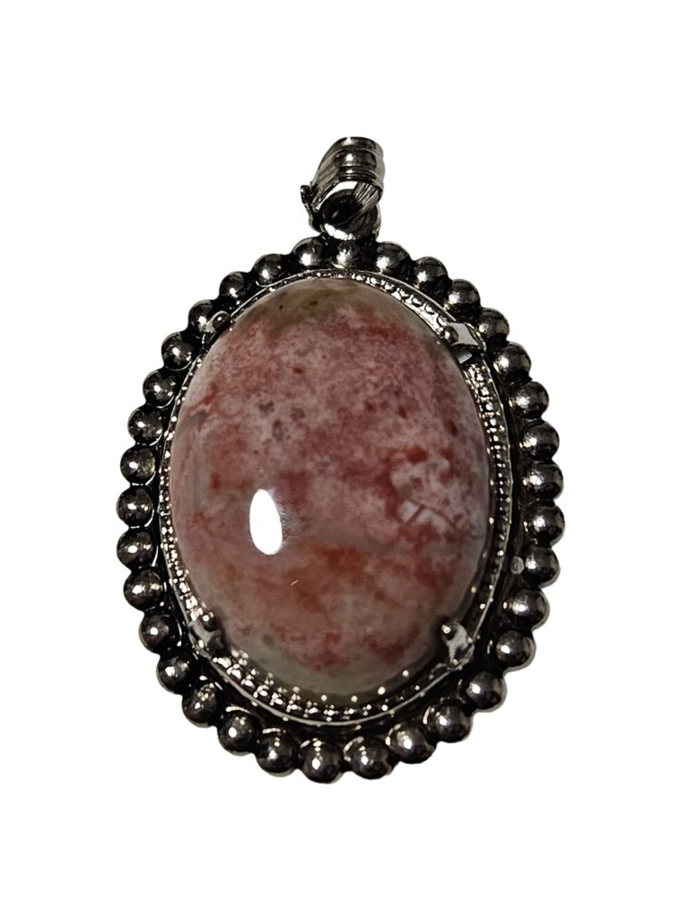 Vintage Oval Cabochon Pendant Pink Mottled Stone Cottagecore Boho Statement